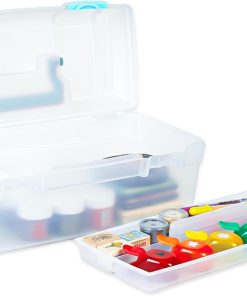 ArtBin 6937AG Essentials Lift-Out Tray Box. Portable Art & Craft Organizer with Handle and Tray. Clear/Aqua