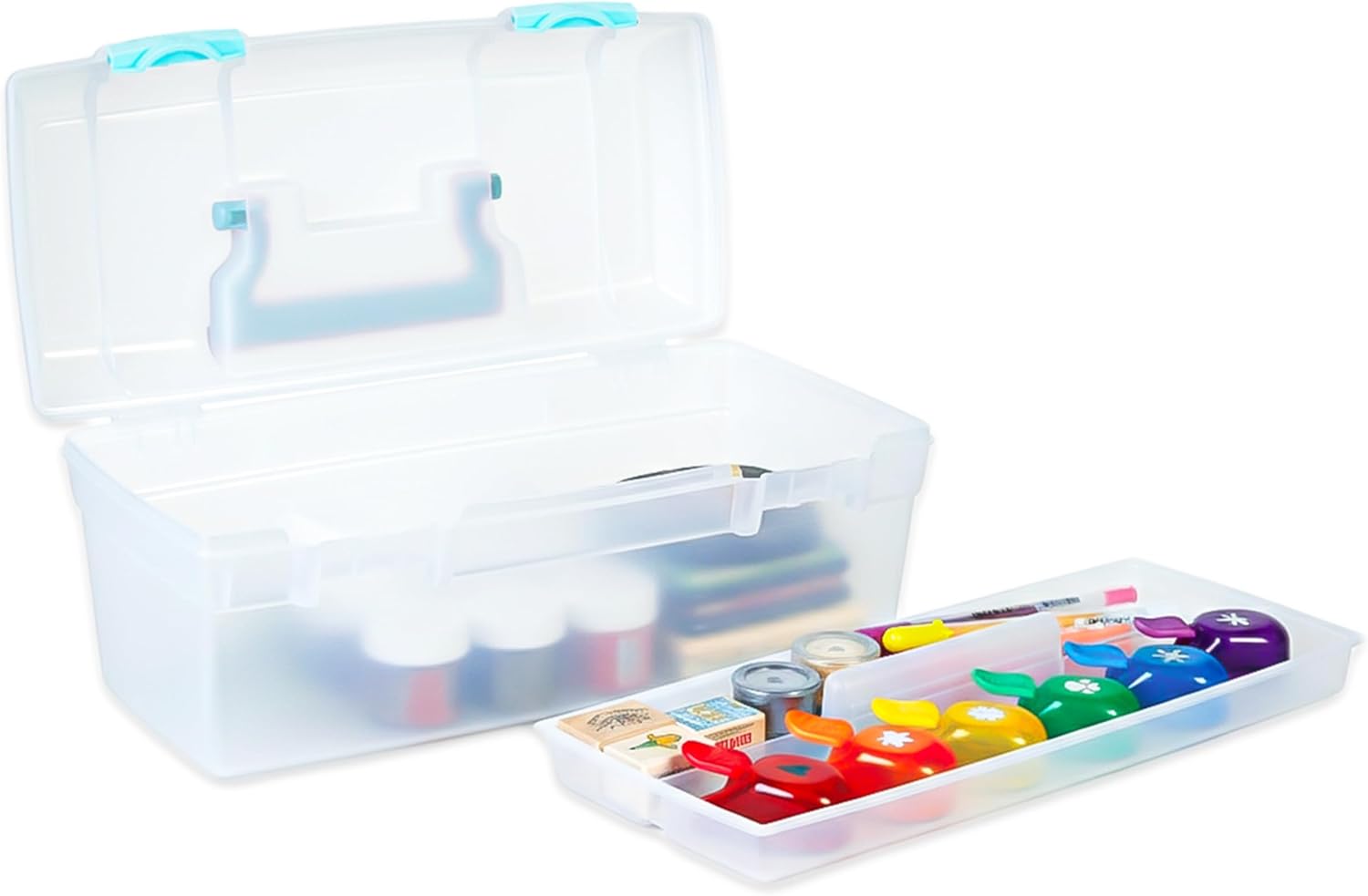 ArtBin 6937AG Essentials Lift-Out Tray Box. Portable Art & Craft Organizer with Handle and Tray. Clear/Aqua