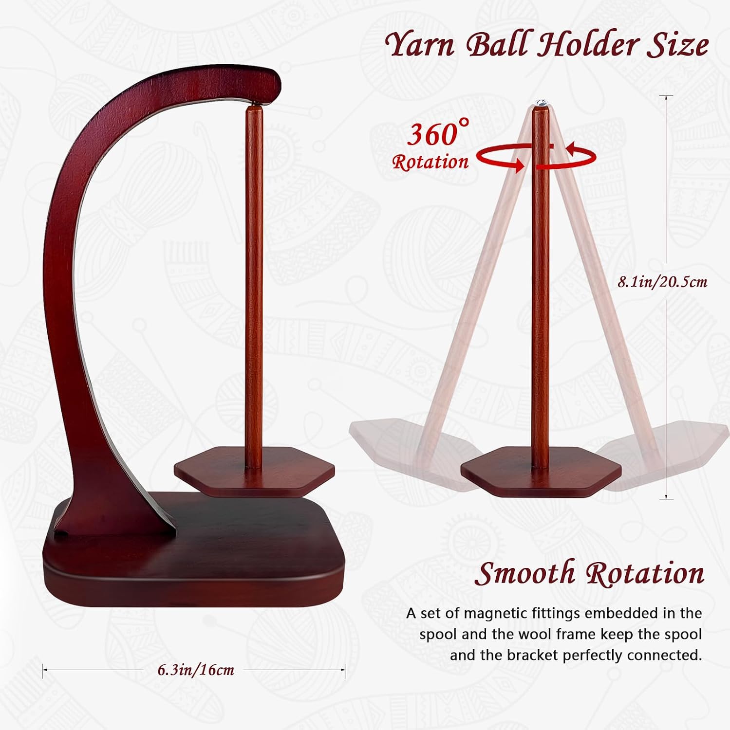 JUCPASH Yarn Holder for Crocheting and Knitting. Wooden Yarn Spinner with Magnetic Rotating Mechanism and Anti-Slip Pads. Crochet Accessories Birthday Gifts for Women Mom Wife Grandma Mother (Brown) - Image 4