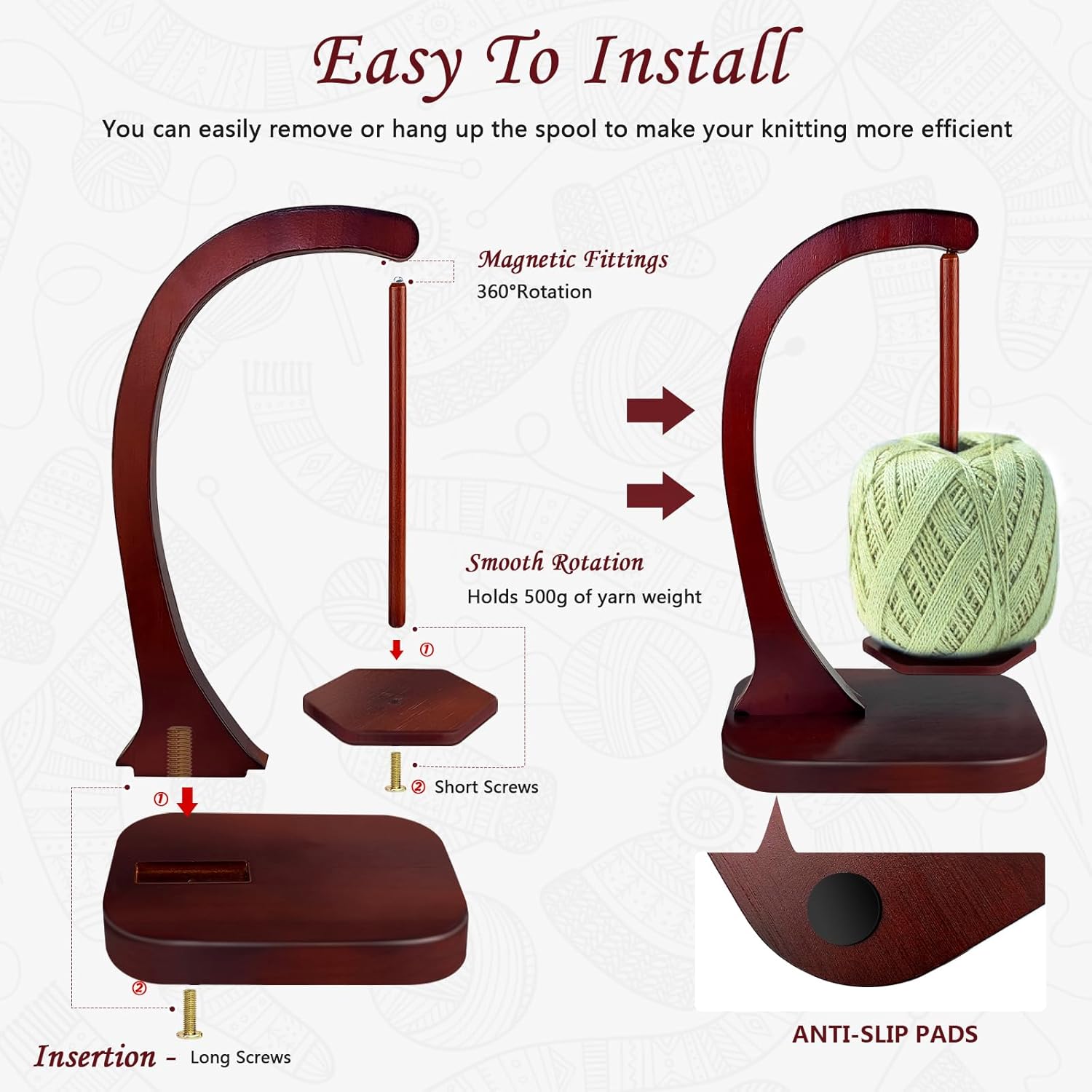 JUCPASH Yarn Holder for Crocheting and Knitting. Wooden Yarn Spinner with Magnetic Rotating Mechanism and Anti-Slip Pads. Crochet Accessories Birthday Gifts for Women Mom Wife Grandma Mother (Brown) - Image 5