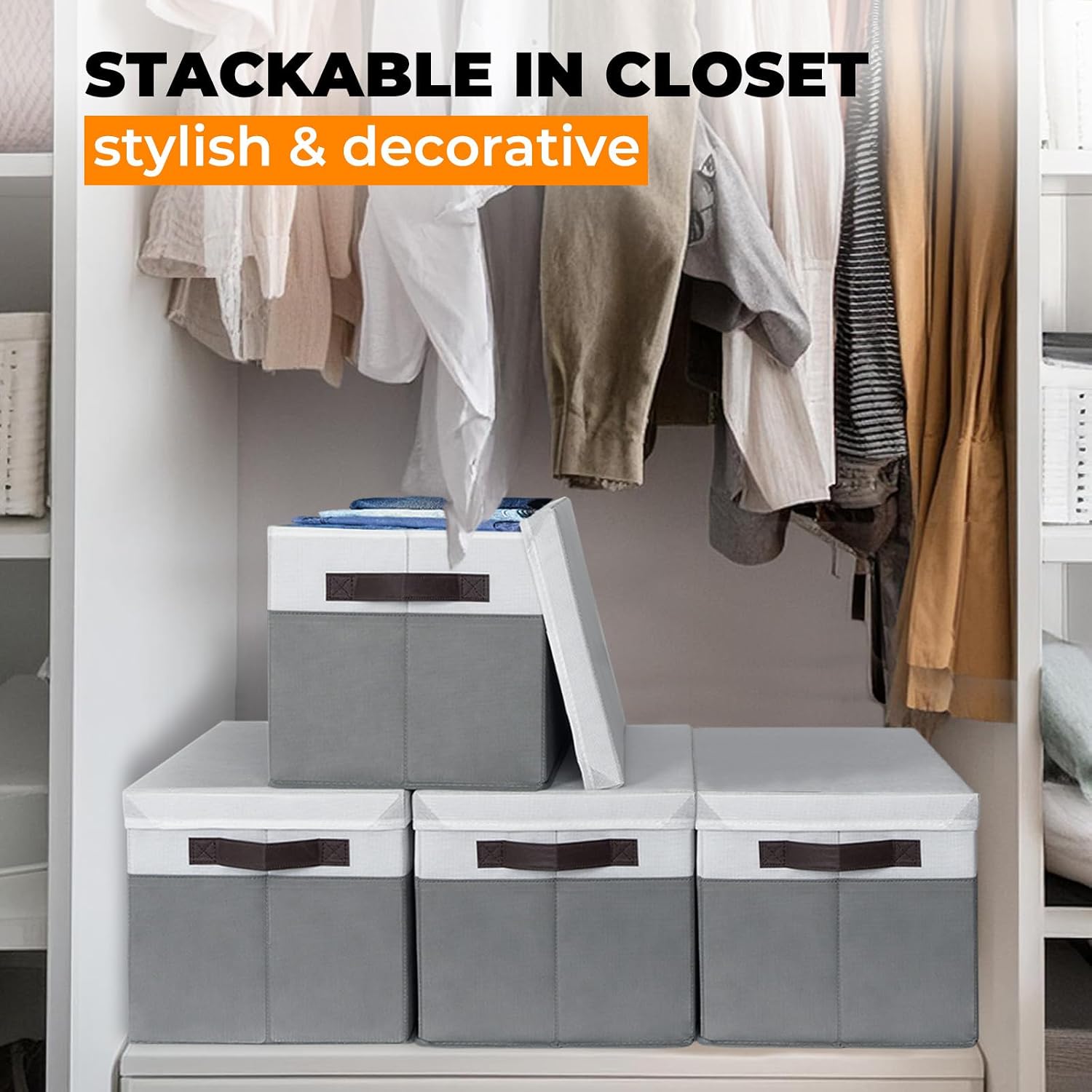 Large Closet Storage Baskets Bins with Lids 4 Pack. Storage Baskets for Organizing Shelves Nursery Bedroom. Home Dorm Closet Organizers Cubes for Clothes Toys Blanket Book - Stackable -14x10x9.5 - Image 3