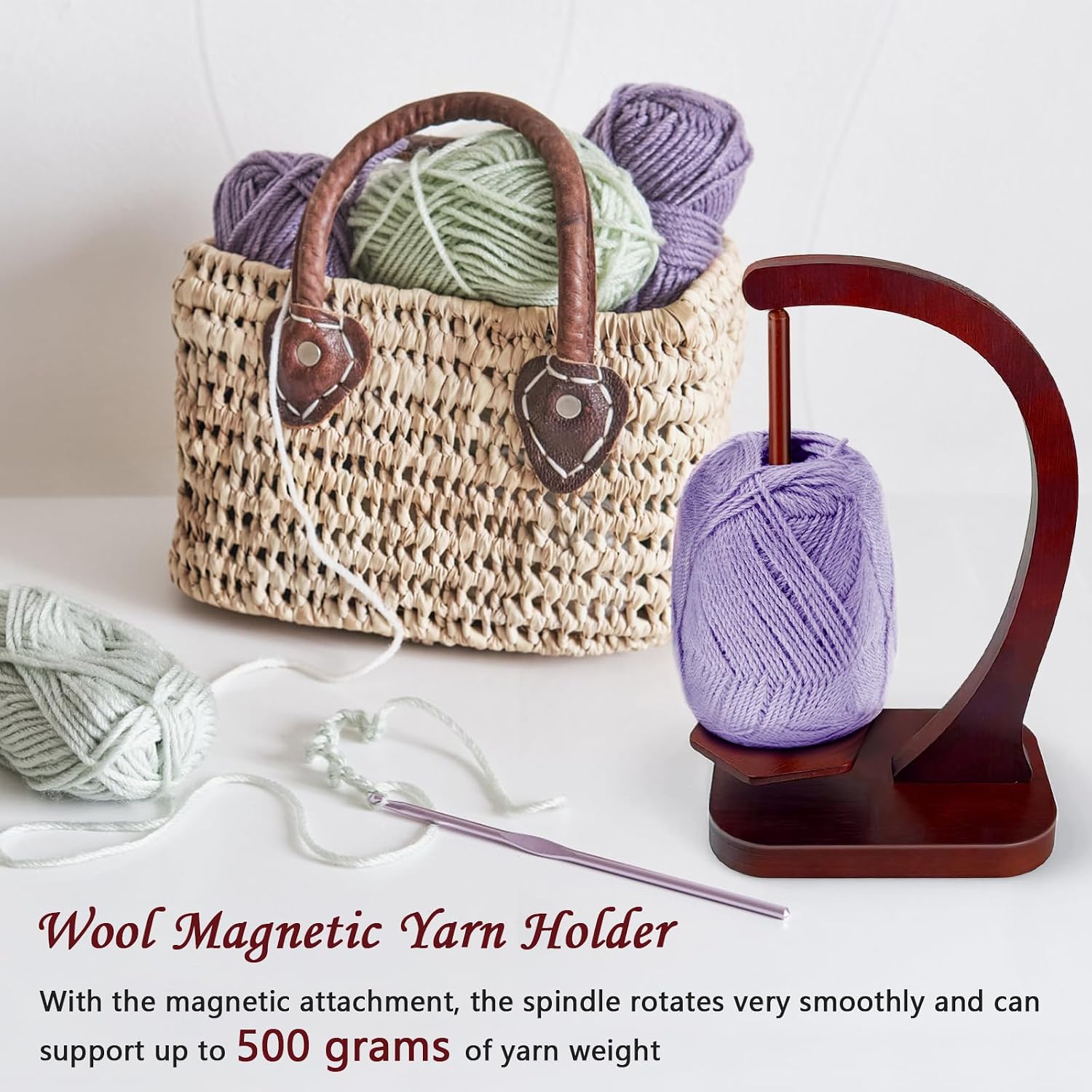 JUCPASH Yarn Holder for Crocheting and Knitting. Wooden Yarn Spinner with Magnetic Rotating Mechanism and Anti-Slip Pads. Crochet Accessories Birthday Gifts for Women Mom Wife Grandma Mother (Brown) - Image 3