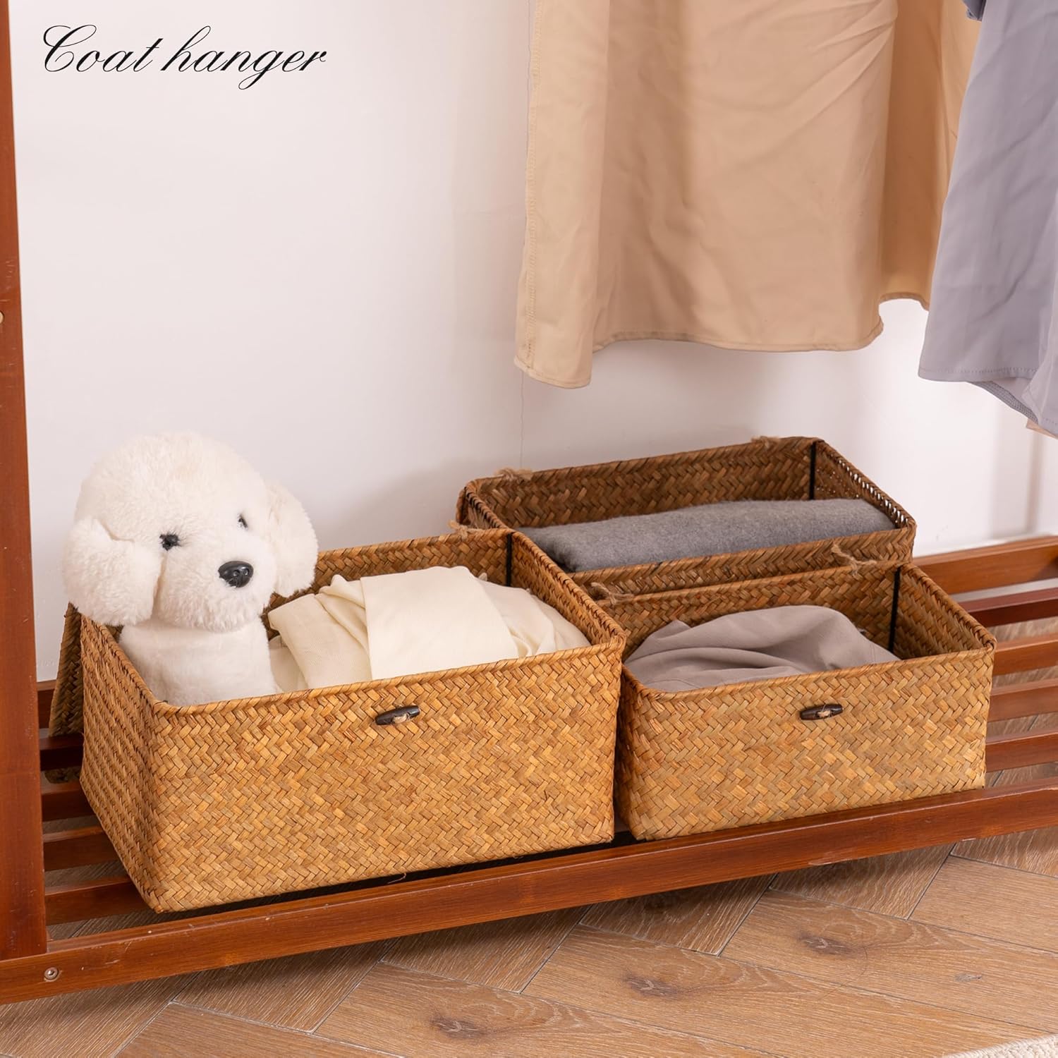 Nonam Storage Basket with Lid. Natural Seagrass Bin with Lid Set of 3. Shelf Baskets Multipurpose Container for Boho Decoration. Rectangular Household Storage Boxes for Home Organization-Natural - Image 8