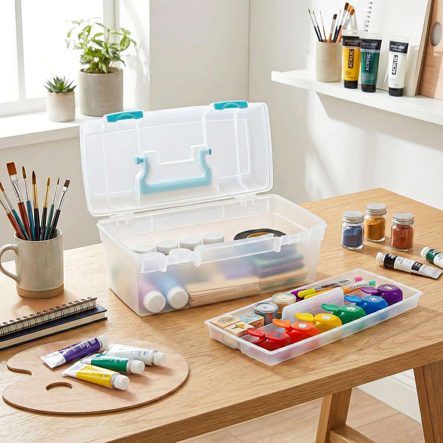 ArtBin 6937AG Essentials Lift-Out Tray Box. Portable Art & Craft Organizer with Handle and Tray. Clear/Aqua - Image 2