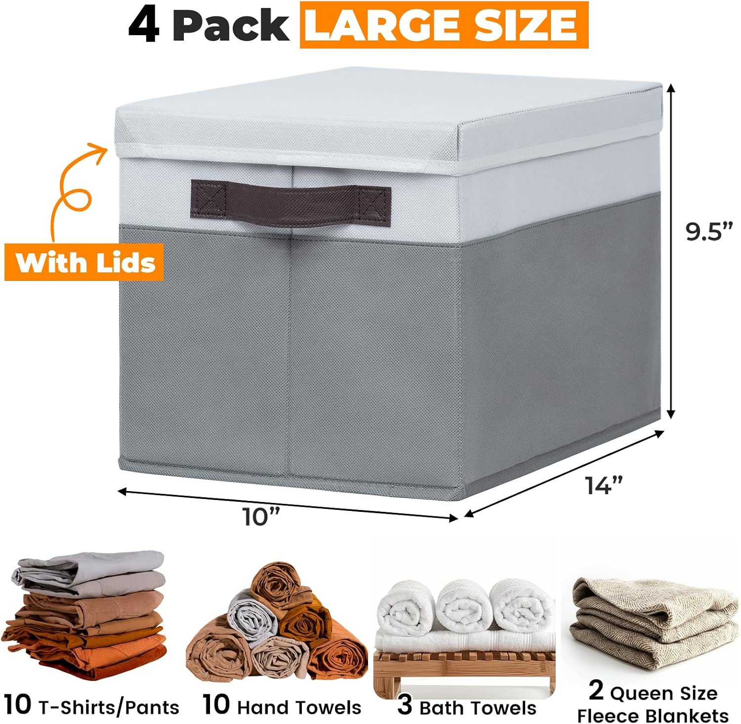 Large Closet Storage Baskets Bins with Lids 4 Pack. Storage Baskets for Organizing Shelves Nursery Bedroom. Home Dorm Closet Organizers Cubes for Clothes Toys Blanket Book - Stackable -14x10x9.5 - Image 2