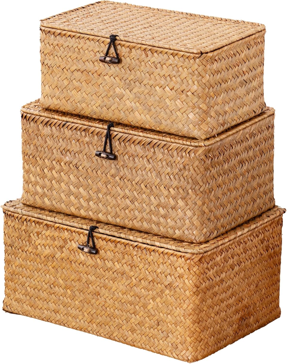 Nonam Storage Basket with Lid. Natural Seagrass Bin with Lid Set of 3. Shelf Baskets Multipurpose Container for Boho Decoration. Rectangular Household Storage Boxes for Home Organization-Natural
