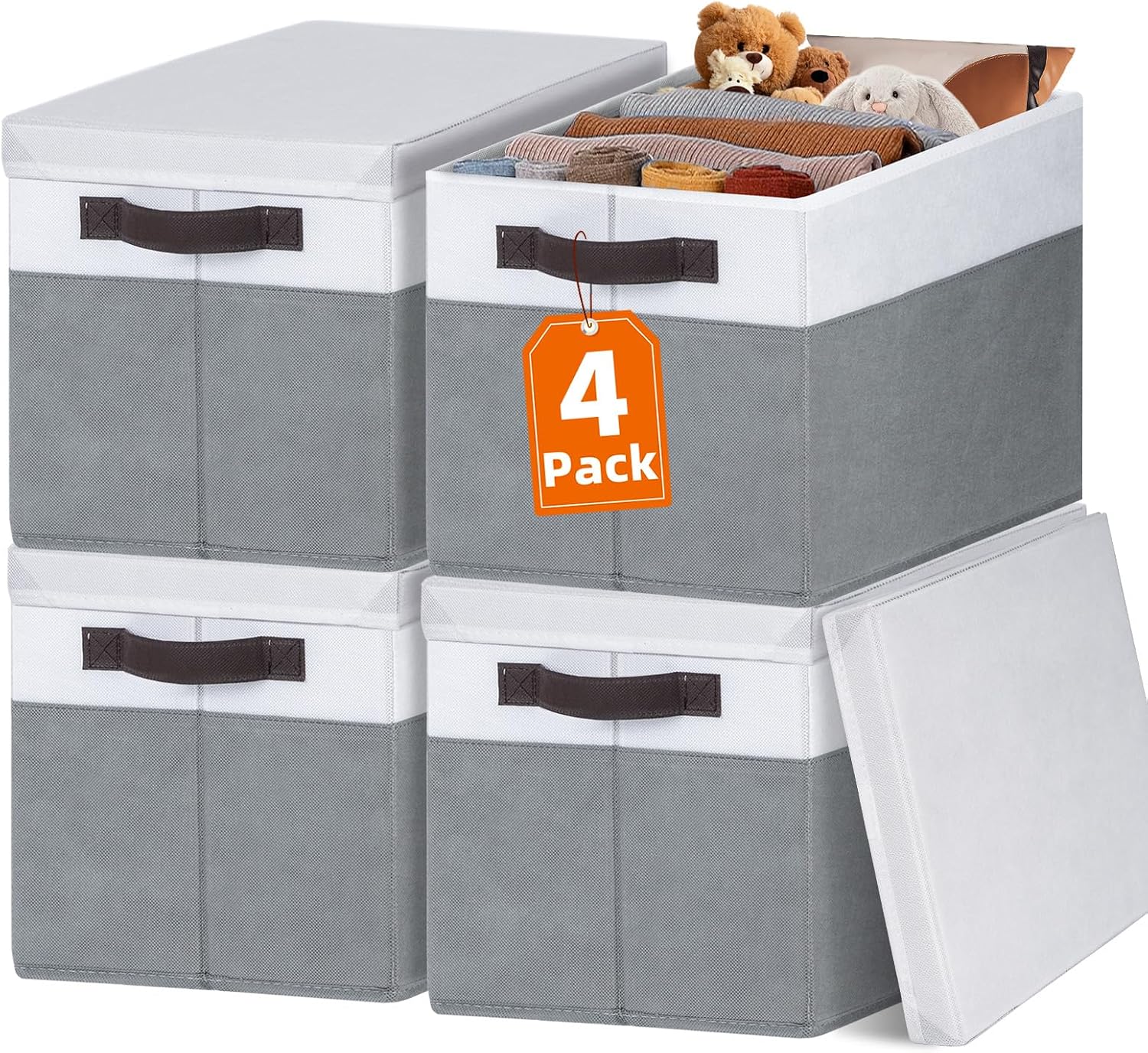 Large Closet Storage Baskets Bins with Lids 4 Pack. Storage Baskets for Organizing Shelves Nursery Bedroom. Home Dorm Closet Organizers Cubes for Clothes Toys Blanket Book - Stackable -14x10x9.5