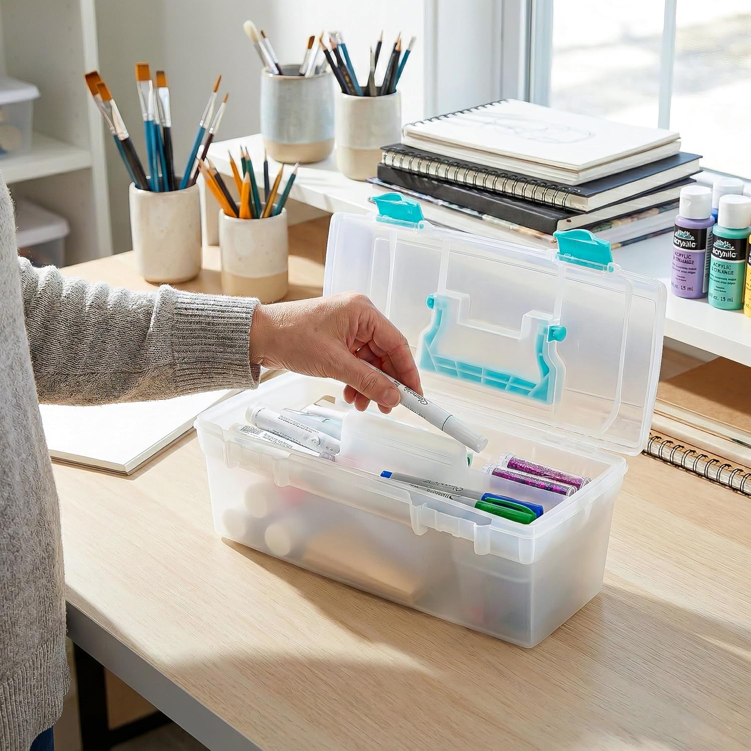 ArtBin 6937AG Essentials Lift-Out Tray Box. Portable Art & Craft Organizer with Handle and Tray. Clear/Aqua - Image 6